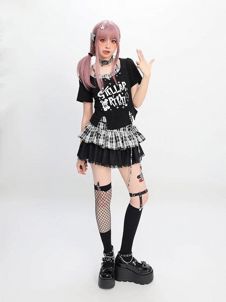 Y2K Black Pink/Black White Plaid Star with Detail Tiered Skirt Lace-up Buckle
