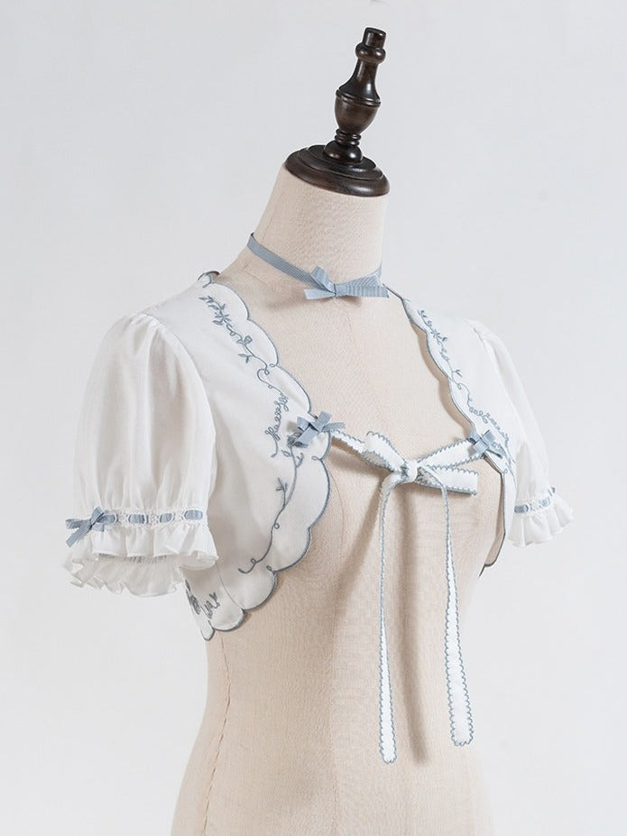 White & Blue Floral Embroidered Cape with Bow Accents - CEL
