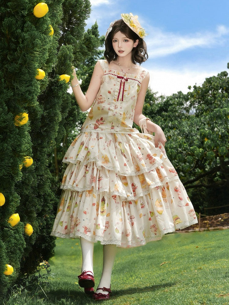 クリーム色のスカートプリントのティアードロリータ、甘いフルーツとデザート