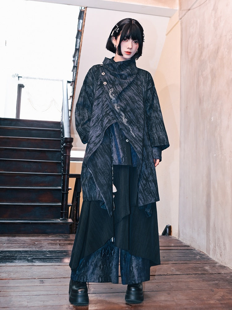 with Asymmetrical Blue Tie Print Cape Dye Jacket Cheongsam Snake