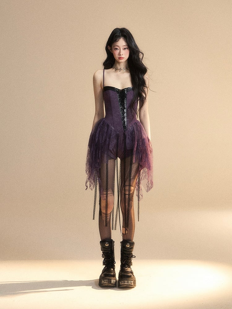 裾スリップドレスフロントアシンメトリーレースディテールショーツパープルバスクウエストレースアップグラマラス