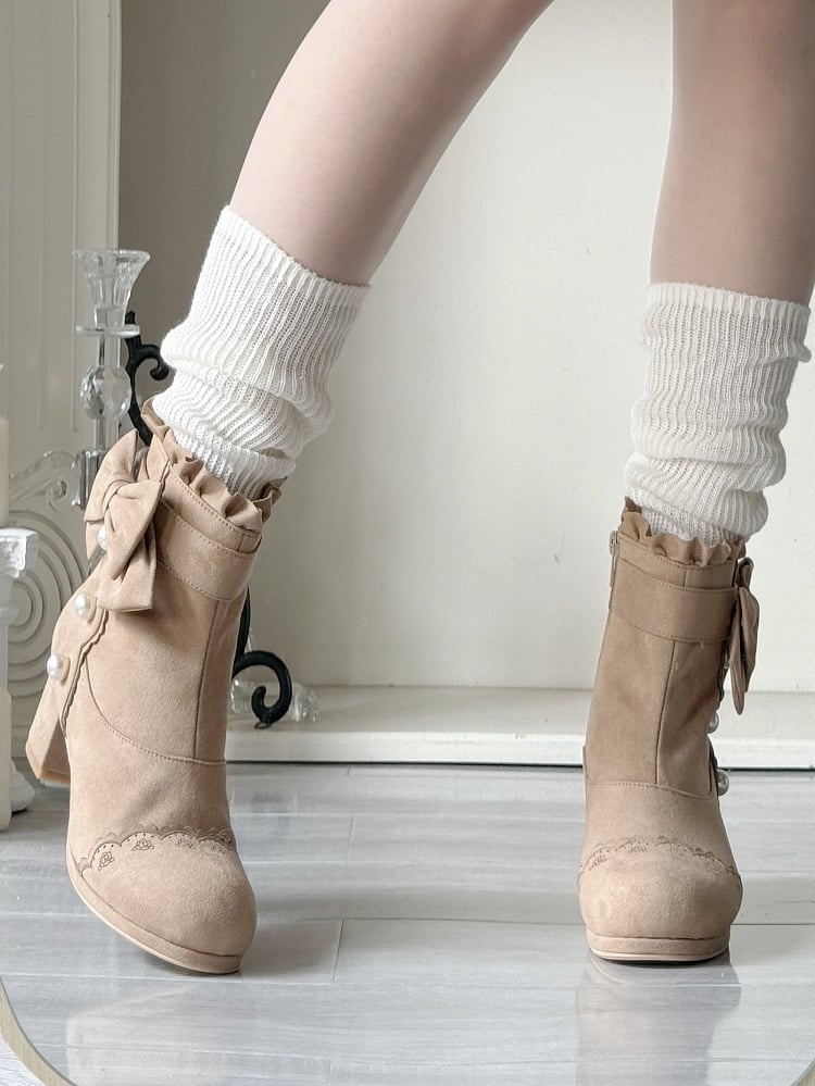 Beads Sophisticated Boots Lolita Mid-heel Khaki Details with