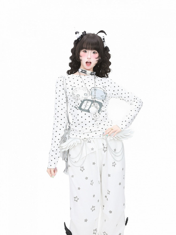 Y2K White Polka Dot & Cartoon Print Long Sleeve Tee, Size S - Languid Park