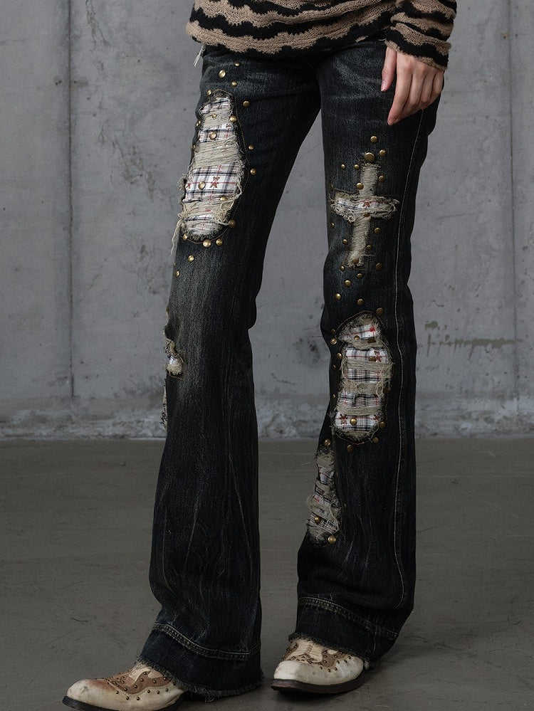 Karierte Distressed Patches Jeans Saum Punk mit ausgefranstem Black Wash Cross