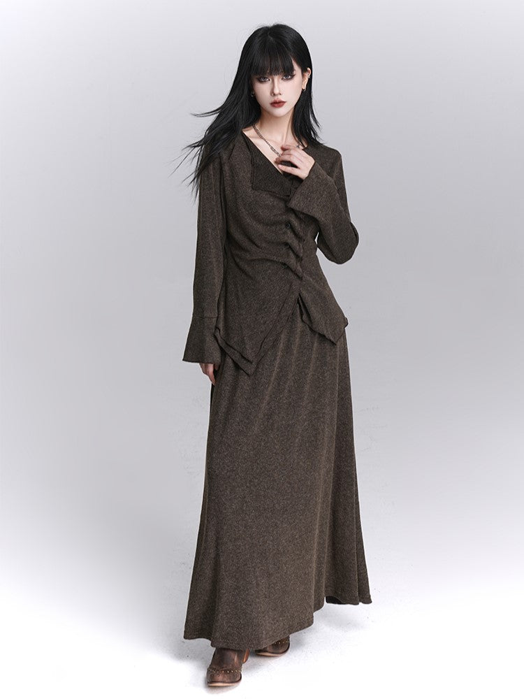 Ankle-Length Coffee Gothic Waist Skirt Elastic