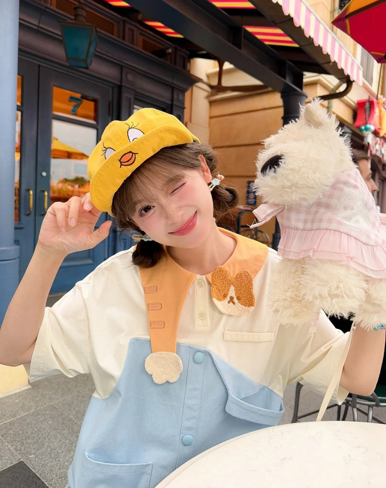 Zweiteiliges Kleid mit entzückendem Katzenkragen in Blau und Weiß mit Farbblock-Design