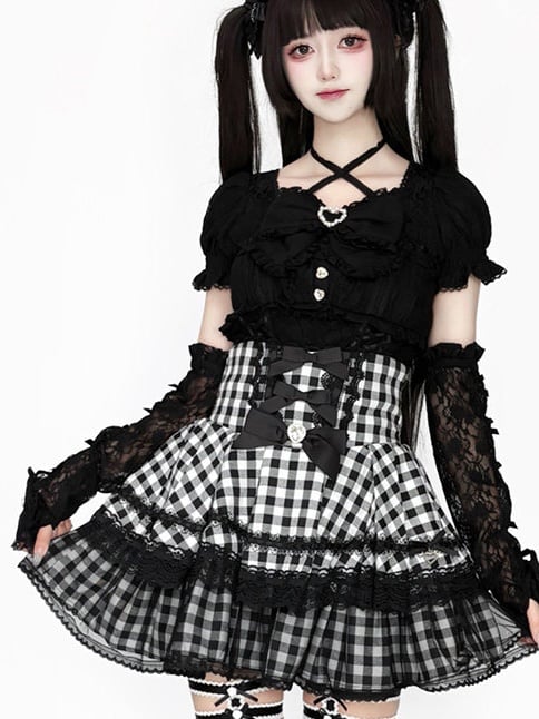 High-Waisted with Rhinestone Bow Lace Double-Layer Detail Skirt Kei Tulle White Decoration Black Gingham Jirai