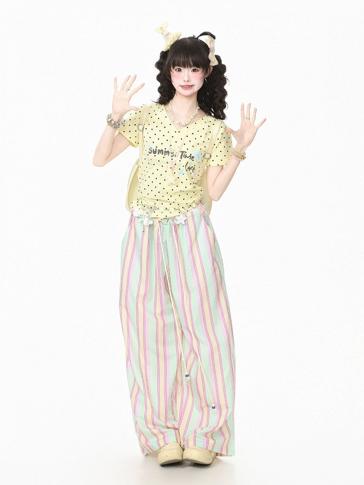 Yellow Summer Kawaii Letter Print V-Neck Short Sleeve T-Shirt with Starfish Necklace - Languid Park