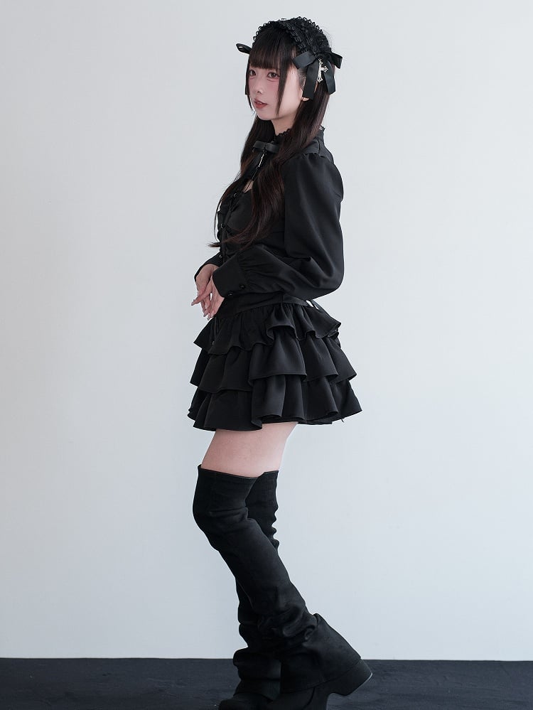 Set Multi-Layer Dress Black Cross Cut-Out Matching Shorts Bow + Decor Ruffled Kei Jirai