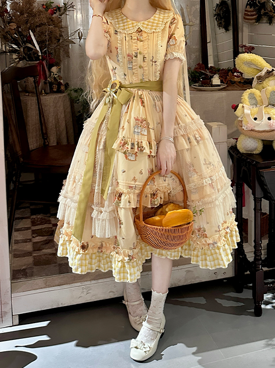 Sweet Bunny Yellow with and Sunflower Puff Lolita Overlay Dress Plaid Hem Sleeves Print