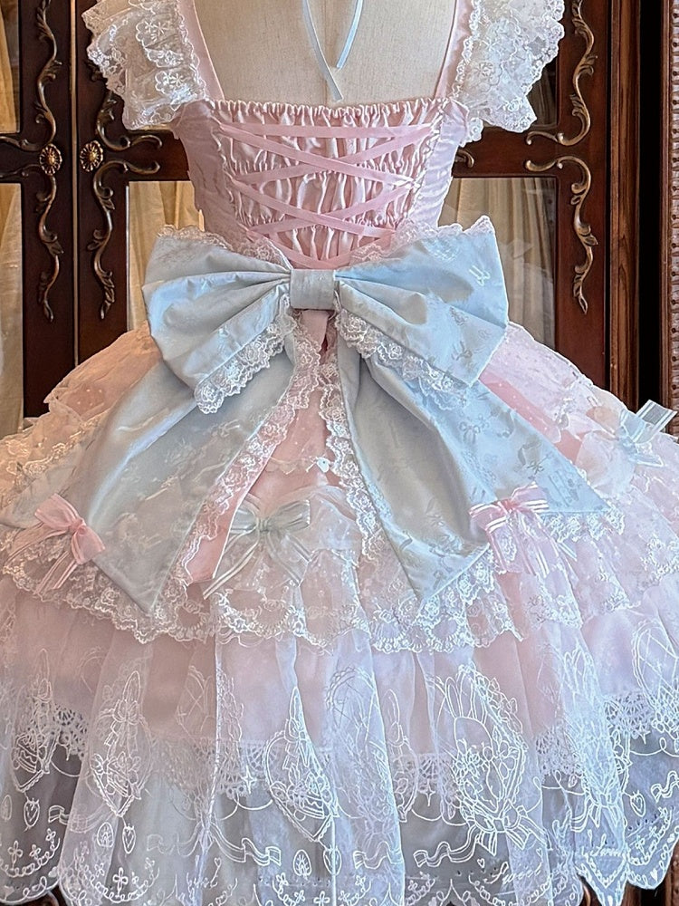 Lace-Trimmed Back Ribbon Bow in Pink and Blue Hues - White Sugar Girl