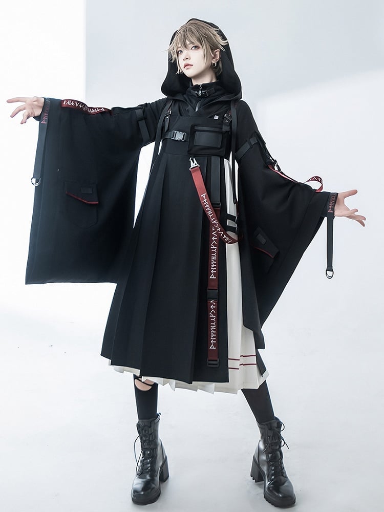 Futuristische und elegante Schnallendetails Weiß Schwarz Techwear JSK Plissee