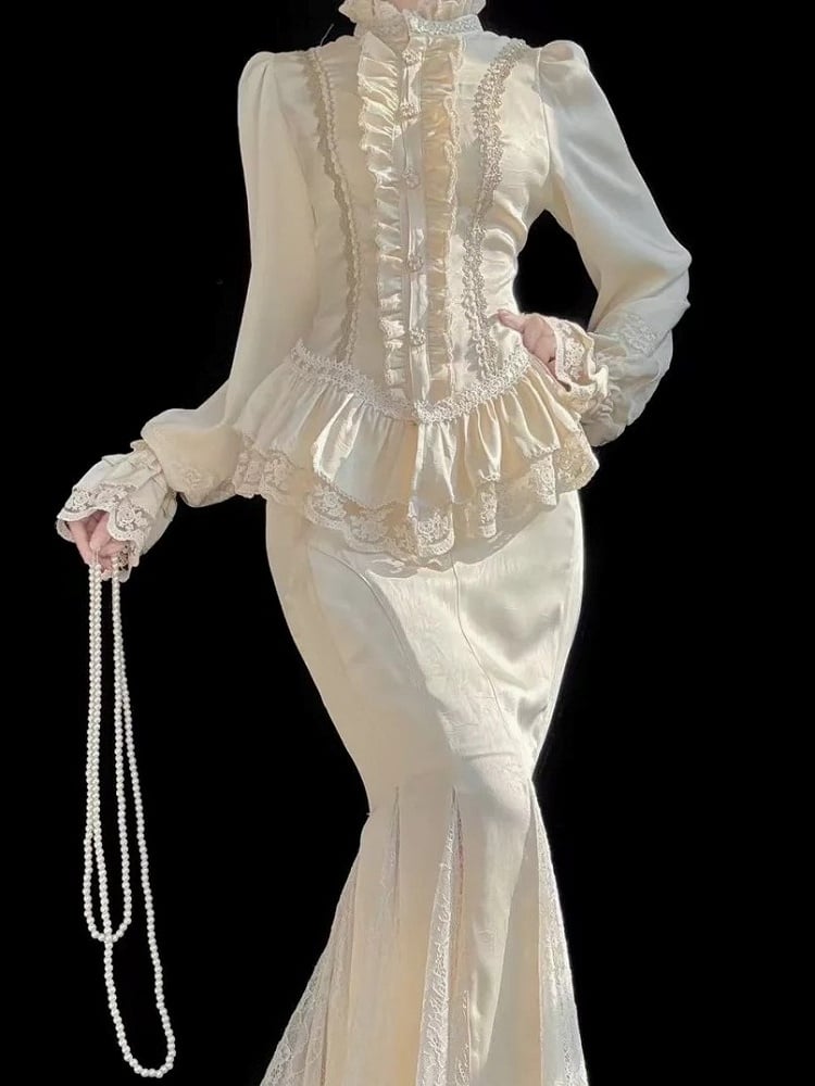 Trim Long Sleeves Ruffled Apricot Lace Classic Elegant with Lolita Blouse