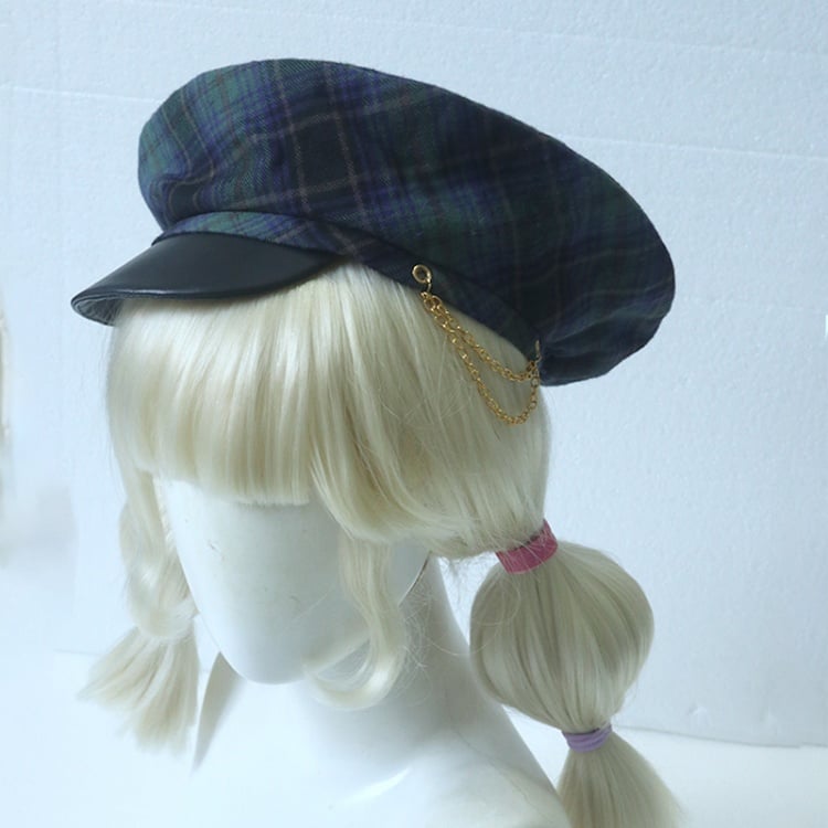 ダークブルー/レッド/グリーンのチェック柄ベレー帽