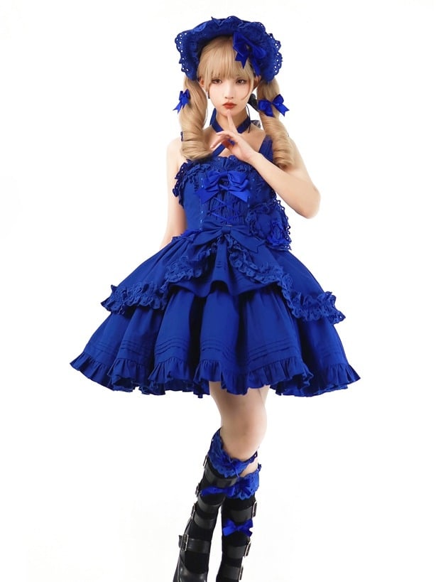 Lolita Bowknots Heart-shaped JSK Decoration Short with and Blue Dress Klein Gothic Version Ruffled