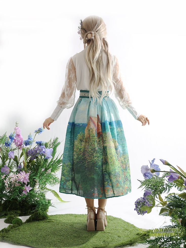 ロング/ショートハイバージョンウエストスカートフィッシャーマンズコテージ油絵プリントグリーン