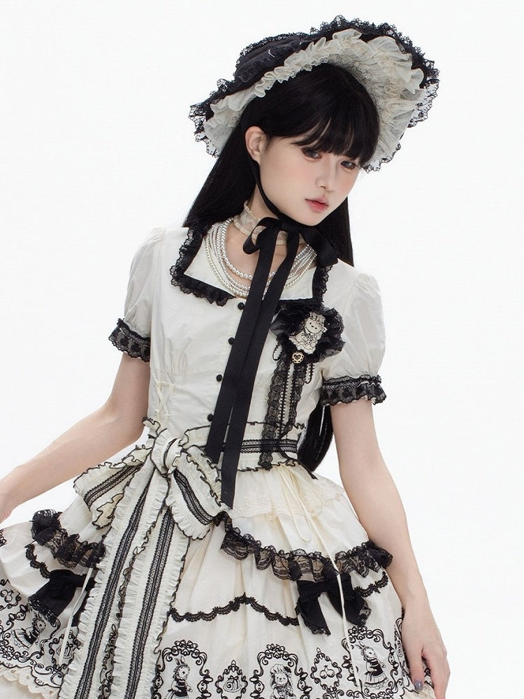 Trimmed Ruffled Brim Black Lolita White Hat Lace with Elegant