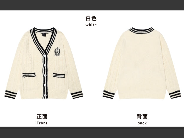 Christmas Milk White V-neck Loose Cardigan Contrast Striped Trim