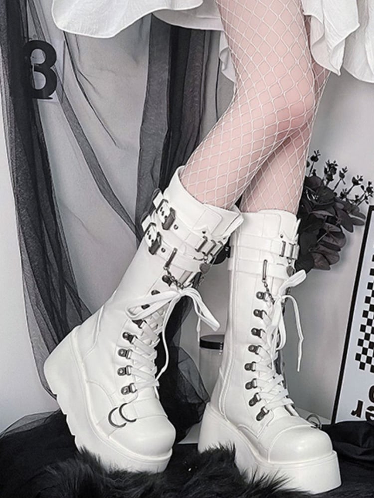 Boots Gothic Buckle Platform PU Accents - White Knee-High