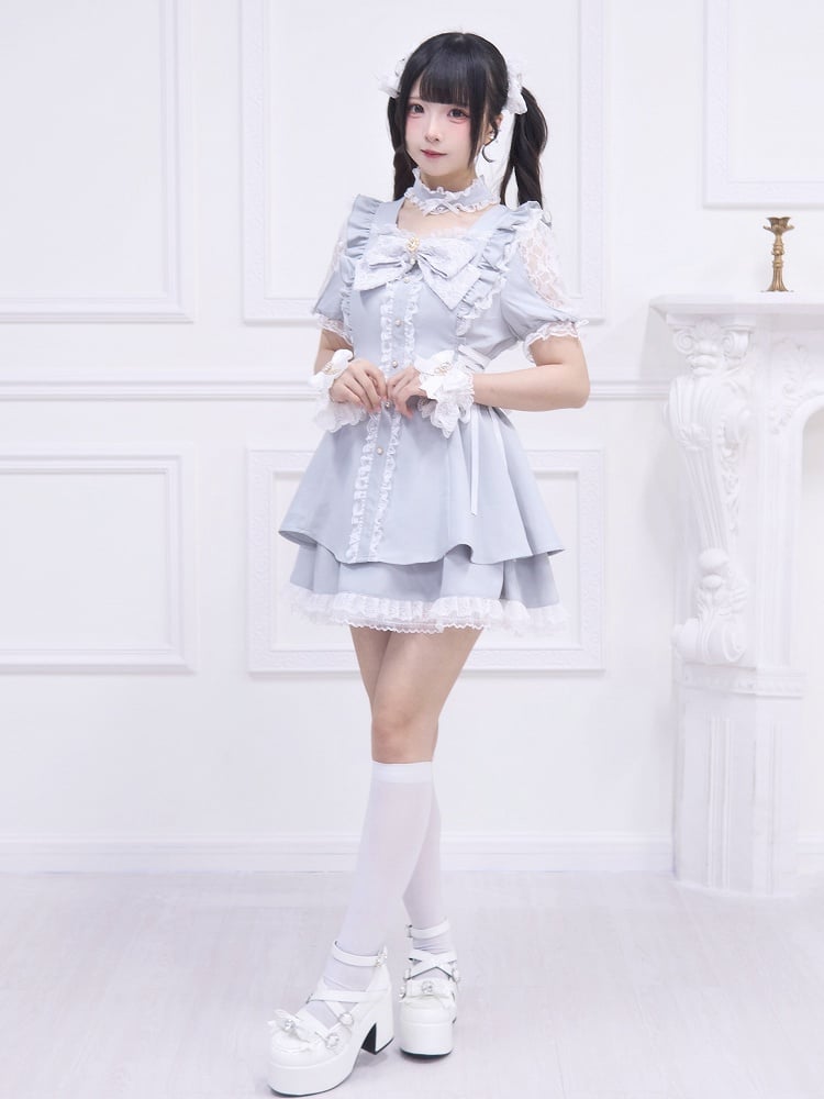 Dress Skirt Lace-up Side with Mini Light Kei Style Jirai Shoulder Matching Cutout and Gray Detail Set: