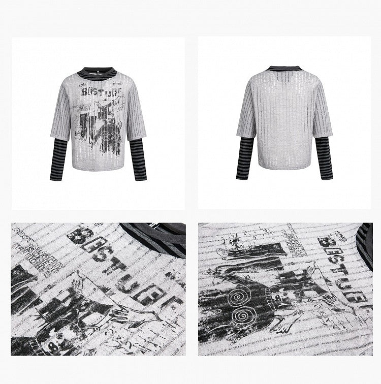 Round Sleeve Two-piece Long Rock Punk Neck Top Grey - Design