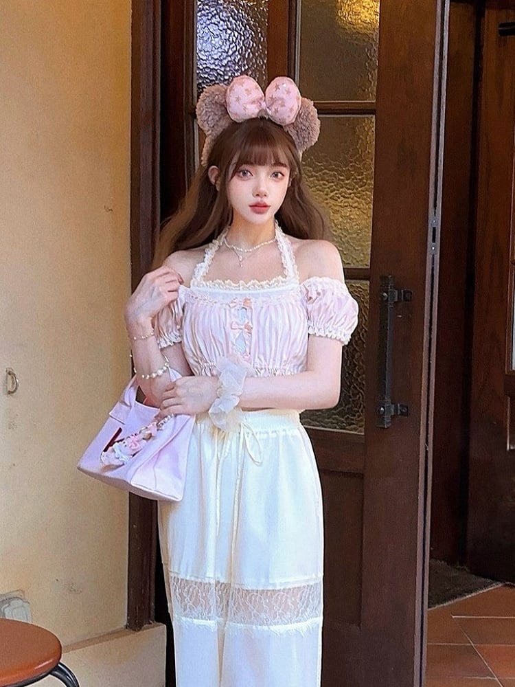 Rosa gestreifte Puffspitze mit Schleifenakzenten und Neckholder-Ärmeln