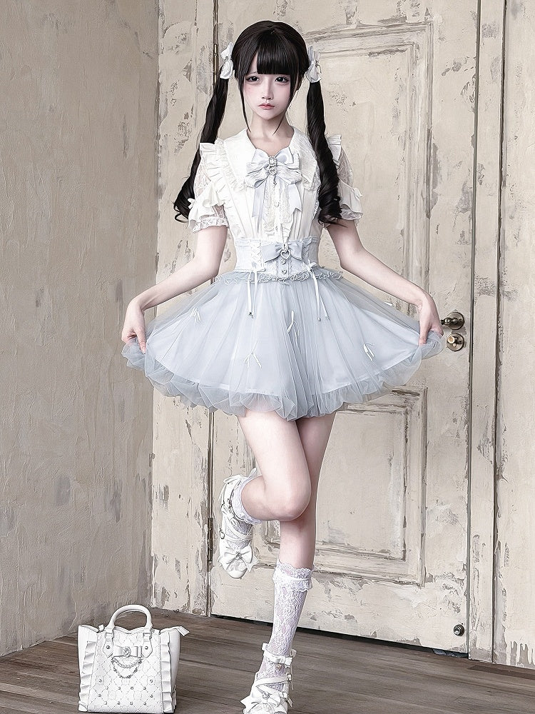 Pure White Lace Cutout Shoulder Short Sleeve Ruffle Blouse - Ekomi