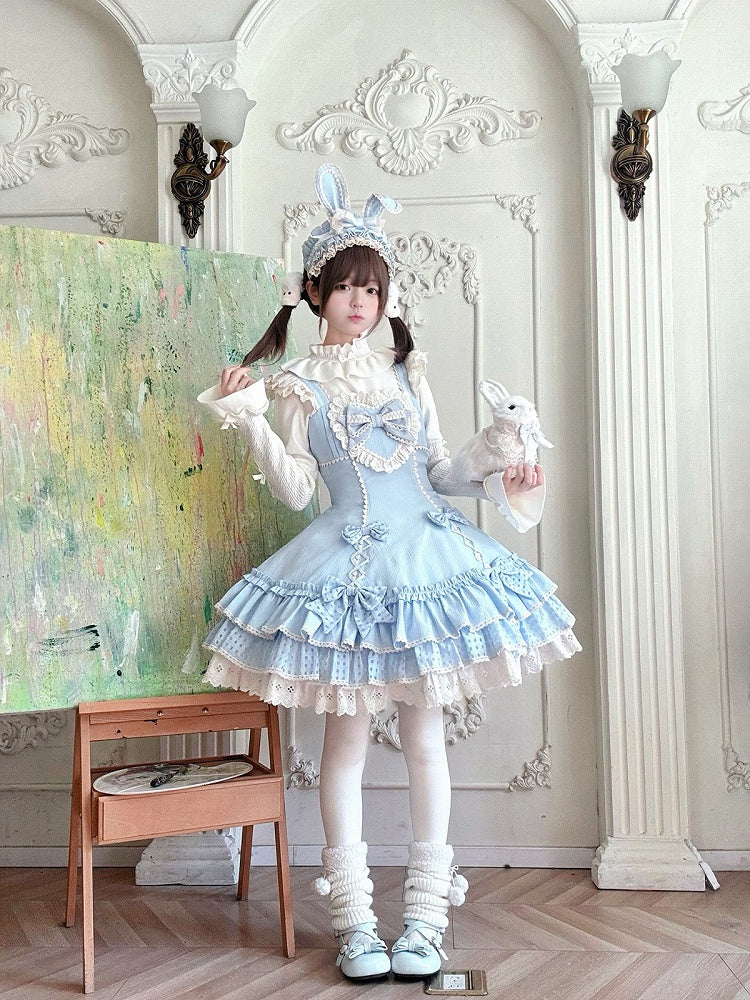 Ruffled Lace-Trimmed Lolita JSK Dress with Blue Bow Detail - Yinying Lolita