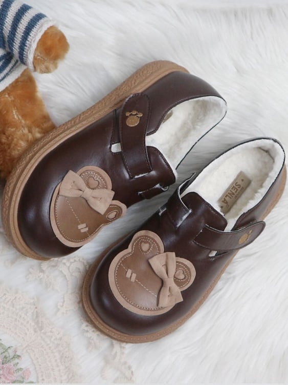 Closures Accent with Brown Top Shoes Bear Sweet Strap Thick at Flat Beige Bow Velcro Sole
