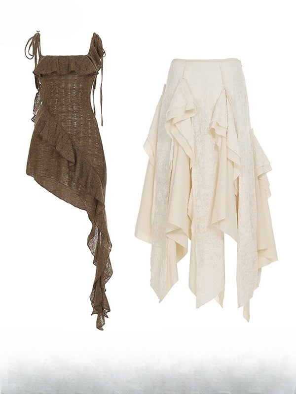 ベルスリーブヘムホワイトミラードブラウン+カーディガンファッションドレスアシンメトリーキャミスカート