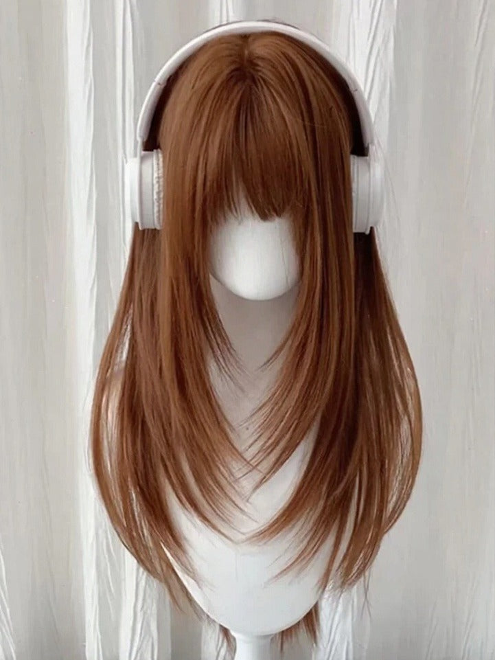Orange Brown 65cm Straight Air Bangs Wig - Meow Island Wig