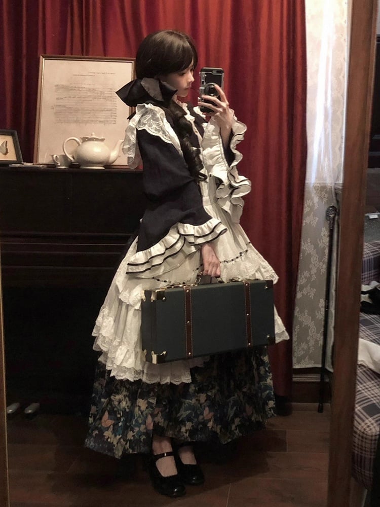 White Bell Bonnet Black Han Floral Apron Horse-face Sleeves Print Top Lolita + Skirt Set
