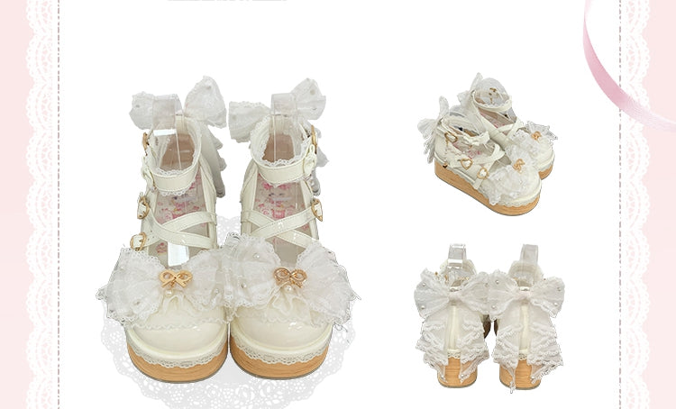 White Hanayome Bead Detail Bow Accents Sweet Lolita Platform Shoes