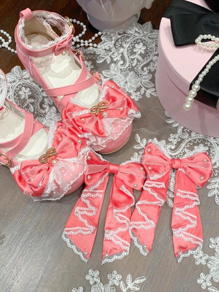 Design at Peach Crisscross Bow Sweet Lace Decorated Pink Lolita Trim Shoes Beaded Top