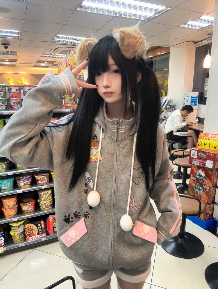 Gray Hoodie Zip-Up Pompom with Drawstring