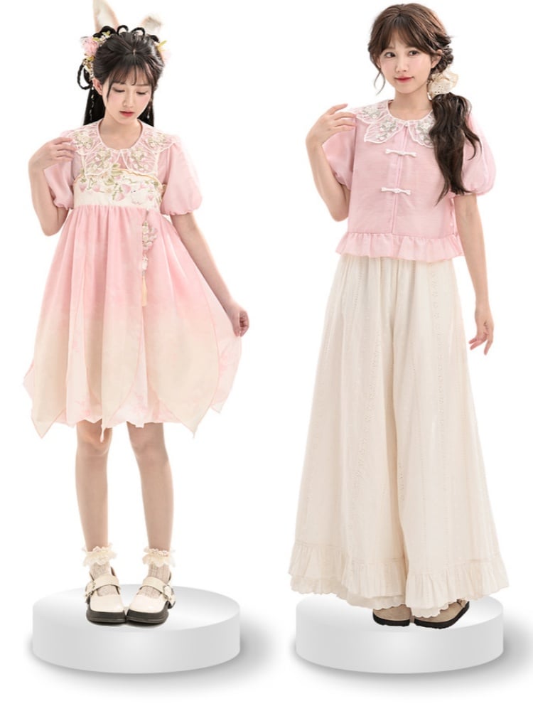 Ombre Style Spaghettiträgerkleid Empire Rosa Taille Erdbeerstickerei Cheongsam