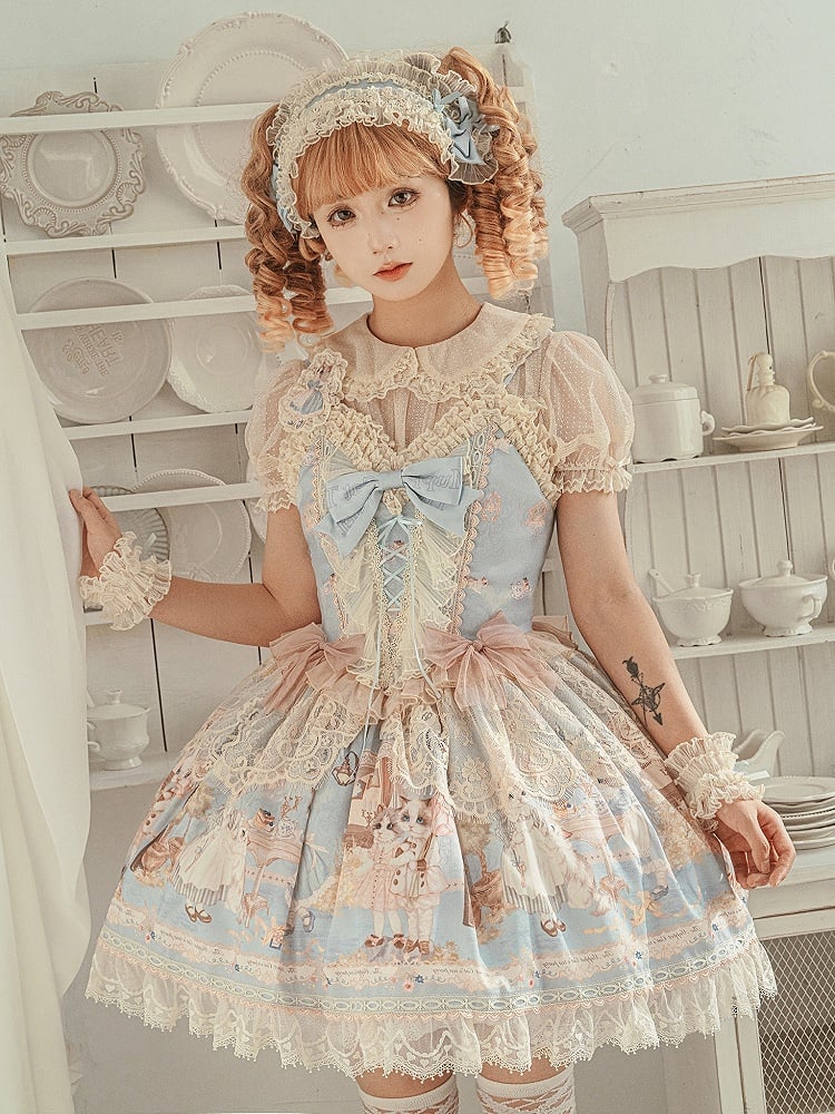 Baby Jumper Mieder Tea Party Print Kitty Kleid Blau Rock Korsett Sweet Lolita