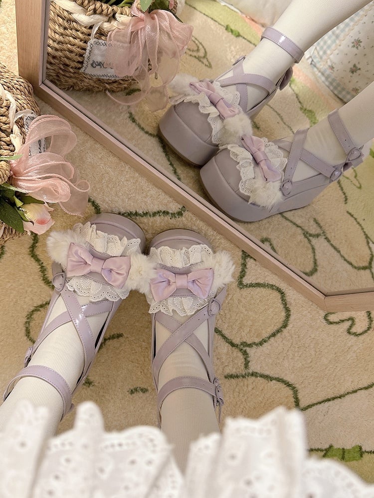 Pompon Ear With Plush Design Bow Crisscross Bunny Top Purple Decorated Platforms at