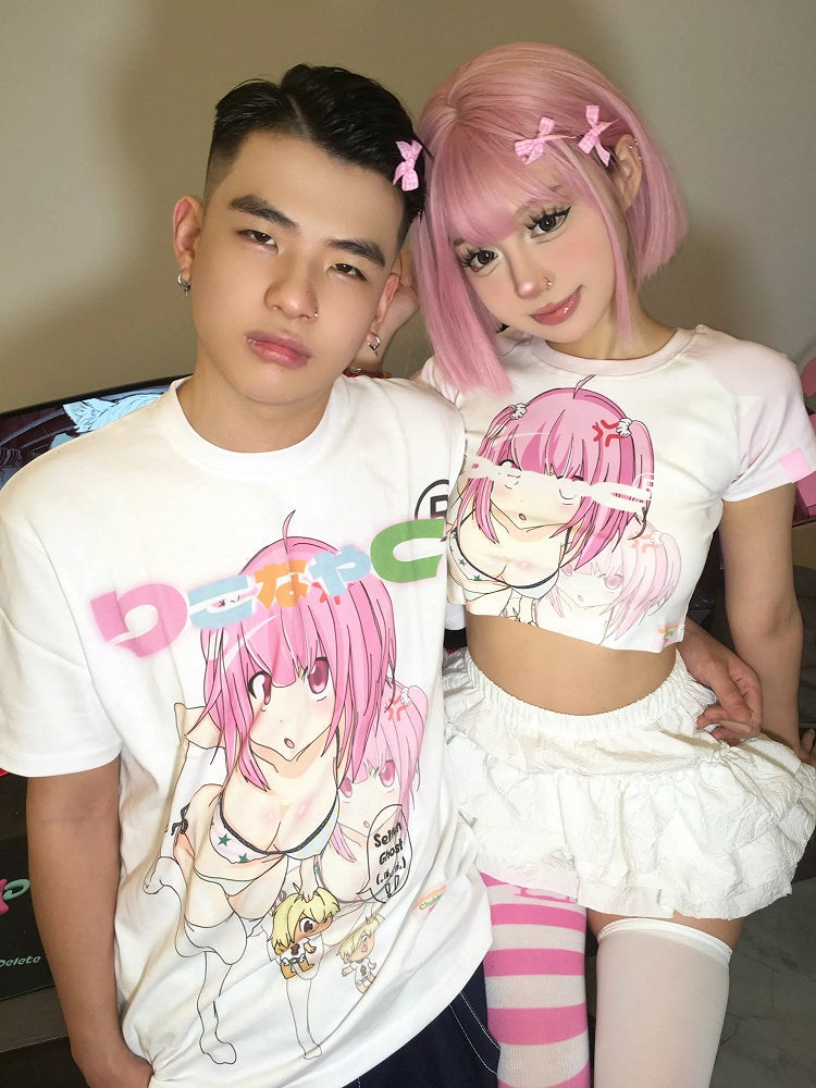 Neck Girl Print Loose White Round T-Shirt Cartoon