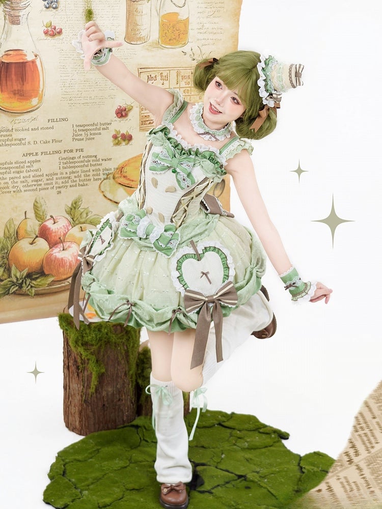Stäbchenrock, Pullover, Bubble-Mieder, Korsett, Lolita-Applikation, Apfel, süßes Grün
