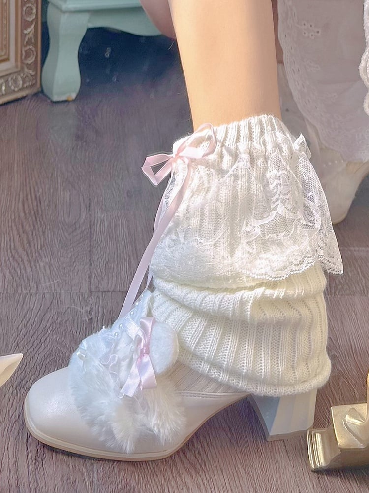 Details with Y2K Creamy Leg Warmers Accents Bow Bittersweet Knitted Lace White/Pink
