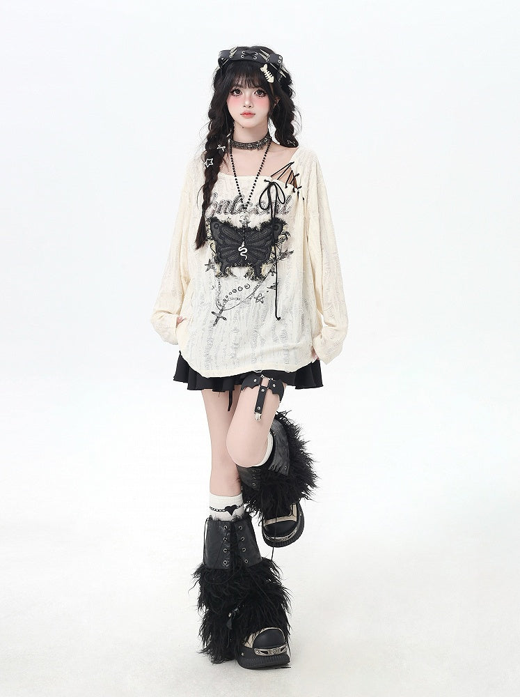 ホールトップ、ヴィンテージバタフライアップリケ、レースアップネックライン、アプリコット、ダメージ加工