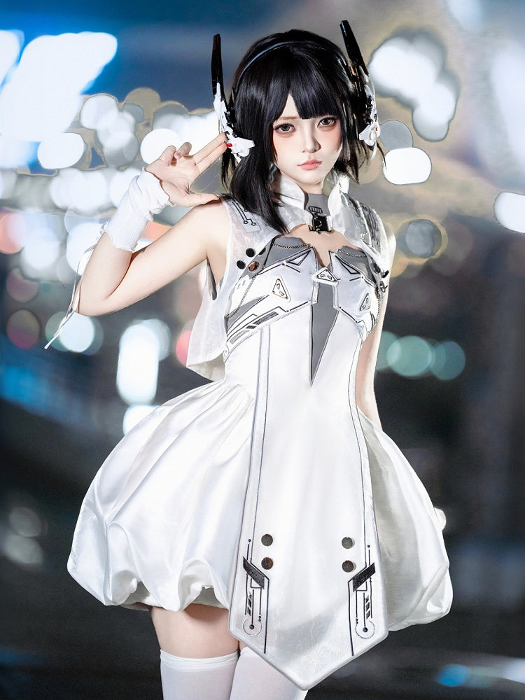 Cyberpunk Techwear Ensemble: White Bubble Dress & Banded Collar Cropped Vest - Xiong Dou Jiang