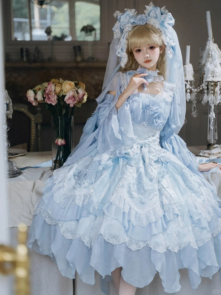 Dress Blue Accents Lolita Version JSK Rose Short Hanayome Layered Ruffles Flowing Light with