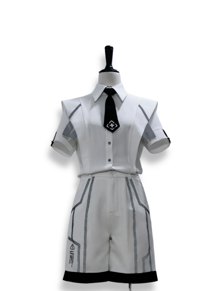 Cyberpunk-Hemd mit weiten Schultern und Krawatte mit Kreuzstickerei