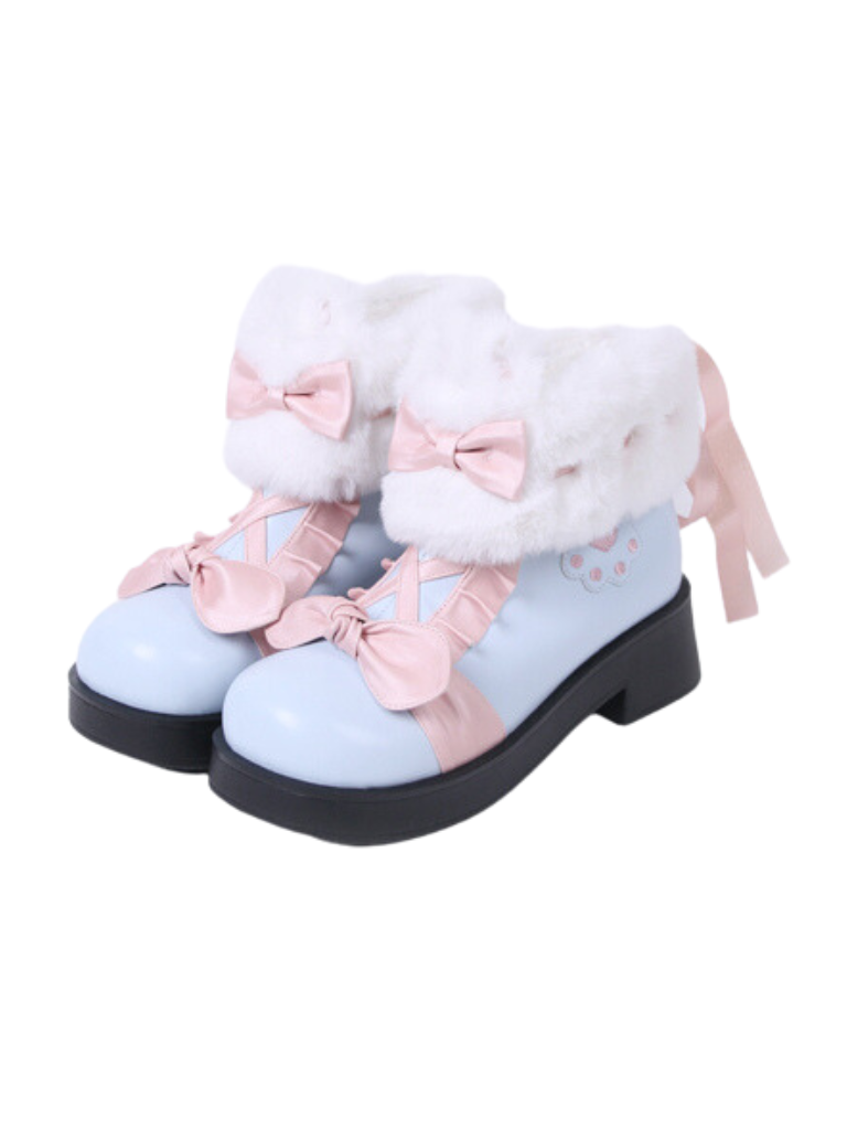 Boots Snow Mid Velvet Color Lolita Block Short Ribbon Heel Sweet