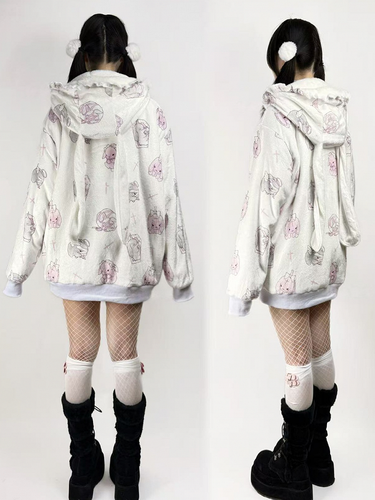 Hooded White Jirai Pattern Fleece Kei Bunny Bunny-Ear Cartoon Jacket