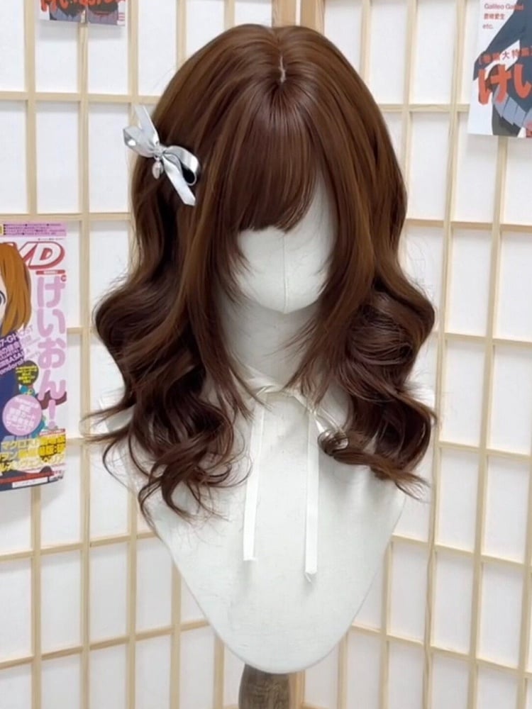 Chocolate Brown 55cm Wavy Curly Wig with Side Bangs - Hui Ran
