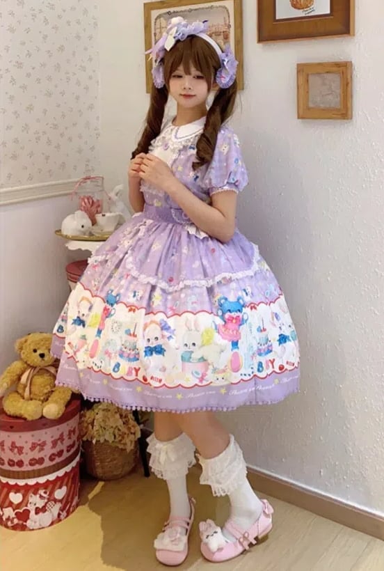 Lamb Clearance-Size L Dress Bear Print Sweet Collar 100CM Lolita and Purple Bust Pan for Peter Short Sleeves