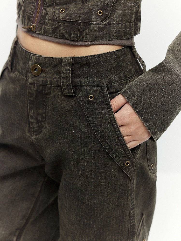 Coffee Straight Leg Cargo Pants with Drawstring Cuffs - Low pixel